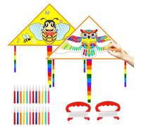 2 Pcs Cometas para Pintar de Búho Abeja, 39×39in Cometa Regalo de una sola línea con Bolígrafos de Acuarela hilo de cola de largo para Niños Adultos Principiantes,Juegos al Aire Libre,Viaje a La Playa