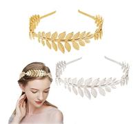 2 PCS Corona de hojas romanas, tiara de oro con banda de hojas, diadema para novia, para chicas, tocado de hoja de laurel, tocado bohemio (Oro y plata)