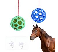 2 pcs de comedero lento para caballos con forma de paca de heno, Bola para alimentar pollos y verduras, juguete de 14 cm colgar para cabras ovejas y aves de corral reducción del estrés (verde y azul)