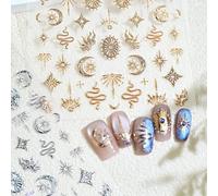2 Pcs Goldene Boho-Nagelsticker para arte de uñas, diseños de estrellas, lunas, soles y serpientes doradas, stickers de uñas en relieve 5D, adhesivos para decoración de uñas DIY