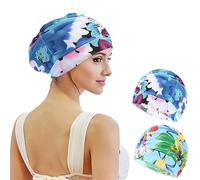 2 Pcs Gorro Piscina Mujer Niños Tela Gorro de Natación para Pelo Largo y Corto de Poliéster Suave Gorros Piscina Tela para Niños Mujeres (Flores Azul verdosas)