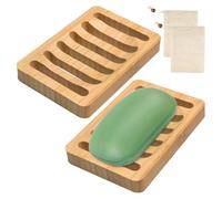 2 Pcs Jabonera de Bambu, Bambú Jaboneras con 2 Bolsa Rejilla para Jabón