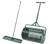 2 Pcs Lawn Garden Care Set, 24 inch Compost Spreader and 35 x 10 inch Lawn Leveling Rake, Peat Moss Spreader, Metal Mesh Push Spreader with t Shaped Handle for Garden Yard Care, JYLSSKUK
