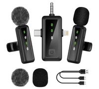 2 Pcs Microfono Inalambrico Bluetooth, con 3 en 1 Receptor Universal, Cancelación Ruido, Plug-Play, Microfone Wireless Profissional para Movil Cámaras Ordenador, Lavalier Microphone para Podcast Vlog