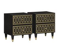 2 Pcs Night Stands Solid Mango Wood 40x33x46 cm with 2 Drawers, Hand Carved Floral Design, Vintage Bedside Tables for Bedroom, Sturdy Iron Legs, Retro Home Decor Storage Furniture