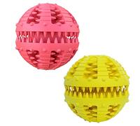 2 Pcs Pelota Denta de Caucho Natural para Perros y Gatos,Pelota de Juguete Para Perros,Limpieza Dental/Masticar/Formación en IQ/Distribución de Alimentos para Perro y Gato (Rojo + Amarillo, 8cm)