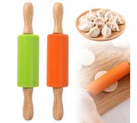 2 Pcs Rodillo De Amasar, Mini Rodillo de Silicona, Mango de Madera, No Pegajoso, Protección Ambiental no Tóxica - Verde/Naranja, Adecuado para Niños y Adultos - 22×4.2cm