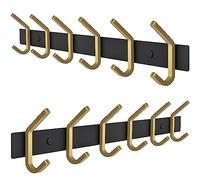 2 percheros de pared negro y dorado, con barra de 43,2 cm y 6 ganchos dobles, acero inoxidable, para recibidor, baño, dormitorio, armario, toallas, sombreros, bolsos, resistentes