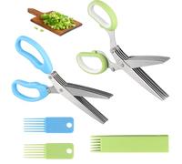 2 Pezzi Tijeras de Cocina 5 Hojas, Soporte de Ceboll de Acero Inoxidable, Tijeras para Hierbas con Peine Limpieza, Tijeras Multifuncionales para Hierbas, Especias, Perejil, Cebollinos y Verduras