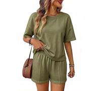 2 Piece Outfits For Women Loose Short Sleeve Shirt And Shorts Set (Army Green,L)