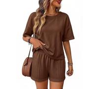 2 Piece Outfits For Women Loose Short Sleeve Shirt And Shorts Set (Coffee,L)