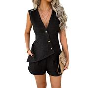 2 Piece Outfits Women, Summer Sleeveless Button-Down V-Neck Blazer Vest & Solid Shorts Set, Women Casual Matching Sets, Lightweight and Breathable (Black,M)