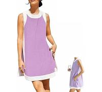 2 Piece Sets Women's Casual Color Block Sleeveless Tops Matching Shorts, Summer Sleeveless Pullover with Pockets (Purple,2XL)