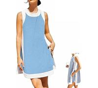 2 Piece Sets Women's Casual Color Block Sleeveless Tops Matching Shorts, Summer Sleeveless Pullover with Pockets (Blue,XL)