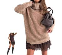 2 Piece Women's Turtleneck Sweater Mini Dress Set, Combining a Soft Sweater Dress with an Elegant Lace-Trim Slip，2026 Turtleneck Skirt Set (Khaki,L)