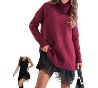 2 Piece Women's Turtleneck Sweater Mini Dress Set, Combining a Soft Sweater Dress with an Elegant Lace-Trim Slip，2026 Turtleneck Skirt Set (Red,M)