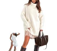 2 Piece Women's Turtleneck Sweater Mini Dress Set, Combining a Soft Sweater Dress with an Elegant Lace-Trim Slip，2026 Turtleneck Skirt Set (White,2XL)