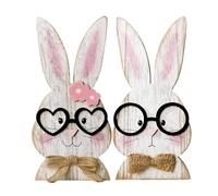 2-Piece Wooden Easter Bunny Couple Figurines With Linen Bow Ties | 7 Inch Spring Farmhouse Table Decor | Cute Glasses Rabbits Holiday Centerpiece | Rustic Home Accent For Festive Celebrations