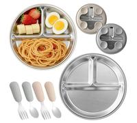 2 PièCes Assiettes En Acier Inoxydable Avec Ventouse BéBé Avec Un Lot De 2 CuillèRes Et Fourchettes, Ustensiles Pour Tout-Petits, Set Repas AntidéRapant Pour BéBéS Et Tout-Petits (Gris + Beige)