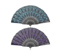 2 Pieces of Sequin Fabric Folding Fans Embroidered Flower Lace Trim Peacock Fan Fabric Plastic Folding Handheld Fan for Women Hand Craft