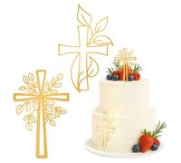 2 pieza de decoración para tartas con forma de cruz decoración de tarta de oro acrílico efecto espejo iridiscente para bodas cumpleaños Navidad fiestas y más cruz y hojas
