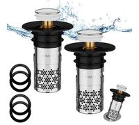 2 Pieza Tapón de Lavabo Universal, Tapón de Lavabo Universal Pop Up, Tapon Lavabo Baño en Acero Inoxidable, con 2 Juntas de Silicona y Cesta Antiobstrucción, Para baño, lavamanos,bañera(33-40mm)-Negro