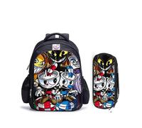 (2 piezas 024) Mochila de 16 pulgadas con diseño de juego Cuphead Mugman para niños, mochilas escolares