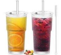 2 Piezas 600ml Vaso Vidrio con Tapa y Pajitas, Vasos Cristal Transparente Impermeable, Copas Café Helado Diseño Hermético y Resistente, Taza Viaje pare Café, Batidos, Jugo, Cócteles, Cerveza