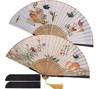 2 Piezas Abanico de bambú, Abanico Plegable de Mano, Ventilador de Mano Chino, Retro Abanico Plegable de Mano, Abanico de Madera para Mujer, para Bodas, Fiestas o Regalos (B)