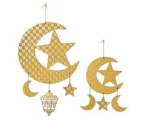 2 Piezas Adornos Colgantes de Madera, Decoración del Hogar con Estrella y Luna, Decoraciones de Ramadán Mubarak, Decoracion Ramadán Kareem Mubarak Eid Musulmán Oro Colgar Adorno Interior (Luna)