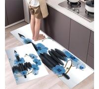 2 Piezas Alfombras Cocina Orquídea Phalaenopsis Azul Guijarro, Antideslizantes Lavable Tapete De Cocina, Estilo Zen Inspirado En Los Spas, Alfombra De Cocinas Para Piso, Oficina 50x80cm+50x150cm