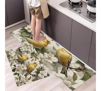 2 Piezas Alfombras Y Tapetes De Cocina Estilo Campestre,Alfombrillas Cocina Antideslizantes Lavables Patrones Pájaros Amarillos Flores Blancas, Para Pasillo,Salón,Dormitorio,Amarillo,44×70Cm+44×120Cm