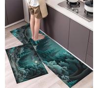 2 Piezas Alfombras Y Tapetes De Cocina Estilo Jungla Fantasía,Alfombrillas De Cocina Antideslizantes Lavables Luz Luna Paisaje Bosque Pinos, Para Pasillo,Salón,Dormitorio,Azul-Verde,40×60Cm+40×120Cm