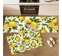 2 Piezas Alfombras Y Tapetes De Cocina Frutas En Acuarela,Alfombrillas De Cocina Antideslizantes Lavables Limón Con Un Pequeño Estampado Flores Blancas, Para Pasillo,Salón,Amarillo,50×80Cm+50×120Cm