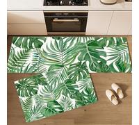 2 Piezas Alfombras Y Tapetes De Cocina Hojas Tropicales Verdes,Alfombrillas De Cocina Antideslizantes Lavables Helechos Hojas Monstera, Para Pasillo,Salón,Dormitorio,Verde Esmeralda,44×70Cm+44×120Cm