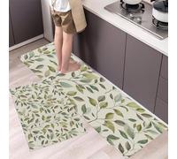 2 Piezas Alfombras Y Tapetes De Cocina Plantas Naturales,Alfombrillas De Cocina Antideslizantes Lavables Patrones Hojas Pequeñas Pintados A Mano, Para Pasillo,Salón,Dormitorio,Verde,44×70Cm+44×120Cm