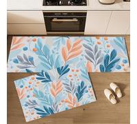 2 Piezas Alfombras Y Tapetes De Cocina Plantas Naturales,Alfombrillas De Cocina Antideslizantes Lavables Patrones Abstractos Hojas Y Frutas, Para Pasillo,Salón,Dormitorio,Azul Claro,44×70Cm+44×120Cm
