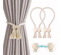 2 Piezas Alzapaños Magnéticos para Cortinas, Correas de Imán para Cortina Estilo Bohemio, Ejido a Mano Sujeta Hebillas Cortinas, Cuerda de Algodón para El Hogar, La Oficina, La Decoración (Beige)