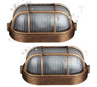 2 Piezas Aplique de Pared Exterior Oval E27, Lámpara de Pared Náutica Industrial Vintage con Aluminio Fundido y Cristal, Luz de Techo Impermeable IP44 para Jardín, Garaje, Patio, Balcón y Terraza