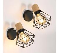 2 Piezas Apliques de Pared Vintage, Aplique Interior de Madera Metal Industrial Diseño de Jaula Lámpara de Pared Ajustable, Retro Iluminación E27 para Dormitorio Pasillo Cocina Café, Negro