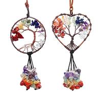 2 piezas Árbol de la vida Accesorios del espejo retrovisor, AFUNTA 7 cristales de chakra y piedras curativas Siete colores de piedra para colgar coches accesorios Buena suerte decoración de pared