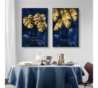 2 Piezas-Arte de Pared de Hoja de Oro Azul Pintura de Lienzo Plantas Nórdicas Imagen de Impresión de Cartel para Sala de Estar Cocina Oficina Decoración del Dormitorio del Hogar-50*60cm (Sin marco)