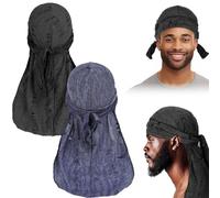 2 Piezas Bandana, Gorro Bandanas Piratas, Durag Sombreros, Elástica, Transpirable, Pañuelos Cabeza para Hombres y Mujeres Decoración Diaria de Hip-Hop (Negro+Azul Marino)