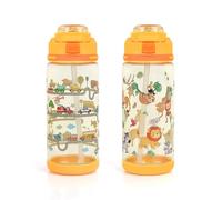 2 Piezas Botella Agua Niños, 600 ml Cantimplora Infantil con Pajita, a Prueba de Fugas, Sin BPA Botella Bebe Agua para el Colegio y el Deporte, Botella de Agua Niños y Niñas (Vehículo & Animales)
