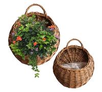 2 Piezas Canasta de Mimbre Colgante con Mango, Cesta de la Puerta Delantera de ratán con Forro de plástico, recipientes de Plantas de Montaje en la Pared para la Puerta Delantera, balcón, jardín#