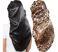 2 piezas capó de pelo para mujeres satén, leopardo negro suave banda elástica sedosa dormir gorras grandes para mujeres capó para trenzas