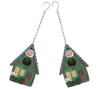 2 Piezas Casita Decorativa para Pájaros de Jardín de Resina Colgante | Estilo Cabaña Rústica, Cadena Metálica Incluida, para Patio y Pérgola, con Orificio de Drenaje Inferior