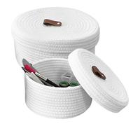 2 Piezas Cesta con Tapa, Cestas Decorativas Tejidas, Cestos Almacenaje Decorativas, Cesta Almacenaje con Tapa para Organización y Almacenamiento Del Dormitorio（Blanco）