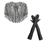 2 Piezas Chal De Los Años 20 Para Vestidos De Noche,Women's 1920s Shawl Sequin Beaded Negro Guantes Largos Guantes De Satén Accesorios para mujer capa de noche retro para boda fiesta