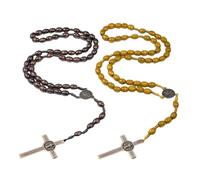 2 Piezas Collar Rosario de Madera Natural, Collar Rosario de Madera Mujer Hombre, Collar Católico de Cuentas Collares Oración Sagrada con Colgante Crucifijo Medalla Cruz Collares Largos Rosarios
